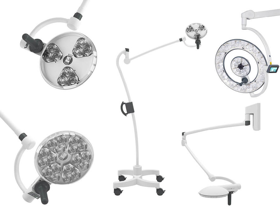 Range of medical examination, procedure, and surgical lights with various mounting options including ceiling-mounted, wall-mounted, and mobile units, showcasing different LED head designs and control features